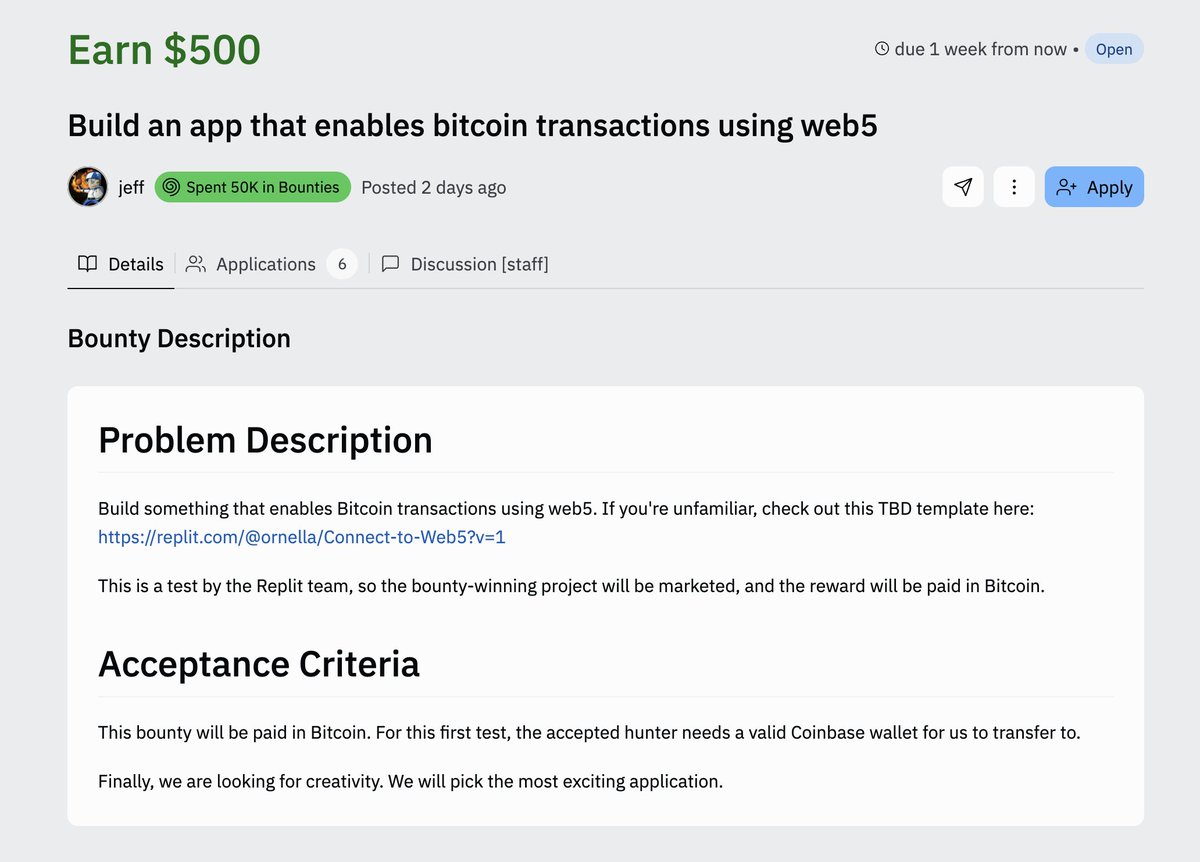 amasad's tweet photo. First Bitcoin-native bounty on Replit: Make a Bitcoin app and get paid in Bitcoin. https://t.co/bfyR35nhXI