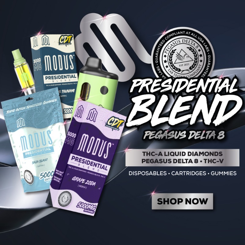 Herbworthy's tweet photo. The presidential blend is the top tier for Modus. This heavy hitting blend is made up of Pegasus Delta 8 THC-A Liquid Diamonds, THC-V and CDT. Get the presidential blend in cartridges, disposables or gummies made with nanotized extract for faster onset.
