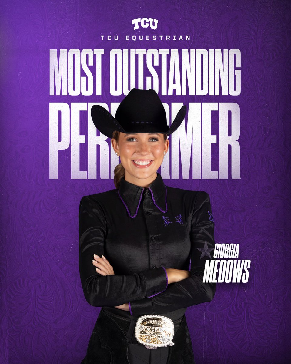 TCUWEquestrian's tweet photo. 𝐌𝐎𝐏 𝐌𝐎𝐍𝐃𝐀𝐘 💫💫🧹

TCU swept the Most Outstanding Performer honors against Fresno State on Friday!

Giorgia Medows - Reining 72
Laurel Smith - Flat 89
Jessica McAllister - Horsemanship 78
Ashleigh Scully - Fences 90

#GoFrogs x #1Family1Mission https://t.co/CFttAgOAt2