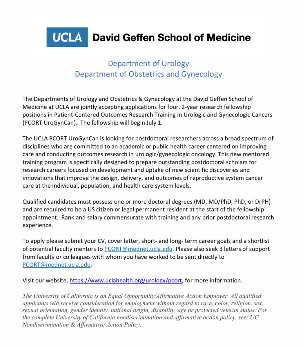 Along with @uclaobgynedu we are incredibly proud to share information on our Patient-Centered Outcomes Research fellowship. Information and contact for application below in picture and link: uclahealth.org/departments/ur… @SUO_YUO @PCORI