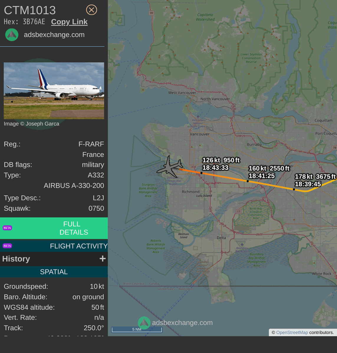 FlottePresident's tweet photo. 🛬 L'Airbus A330-200 🇫🇷 République Française immatriculé #FRARF a atterri près de Richmond, Canada.

📋 Bilan (estimation) :
~ 10h30 de vol
~ 8.195 km parcourus
~ 58.700 kg de carburant consommé

Revoir ce vol #CTM1013 : https://t.co/h7hG0XRMVT https://t.co/o4tDFt0scN
