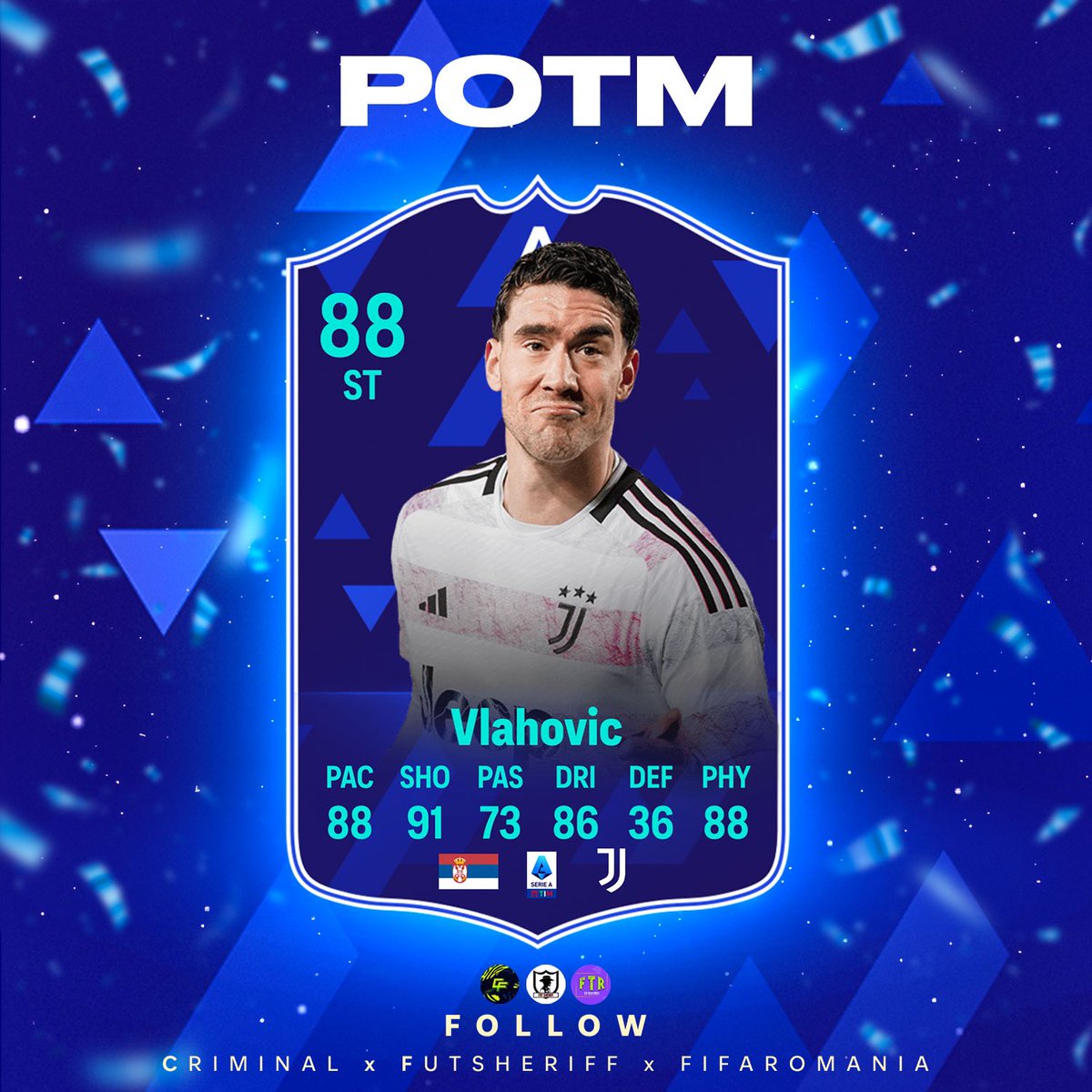 FutSheriff's tweet photo. 🚨VLAHOVIC 🇷🇸 is coming as SERIE A PLAYER OF THE MONTH✅

He is the January POTM🔥

Make sure to follow @FutSheriff @fifa_romania and @Criminal__x !
#fc24 https://t.co/wKmbL2UPtc
