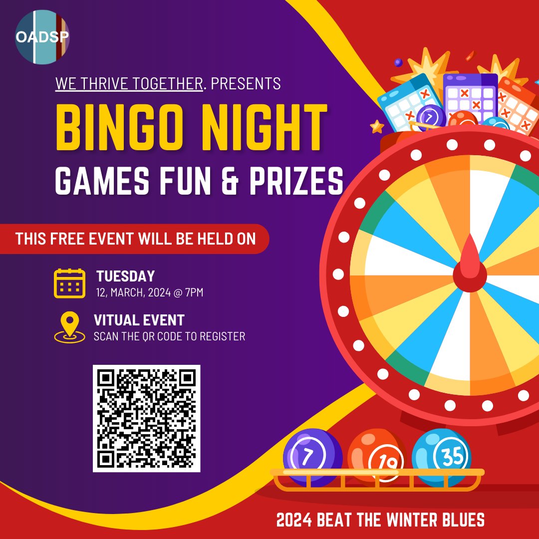 Join the gaming experts from We Thrive Together for an evening of I/DD field-related BINGO clues, fun, and nifty prizes.

Register today to secure your virtual seat for Tuesday, 3/12, at 7 p.m., for FREE!

oadsp.org/elevate/btwb/