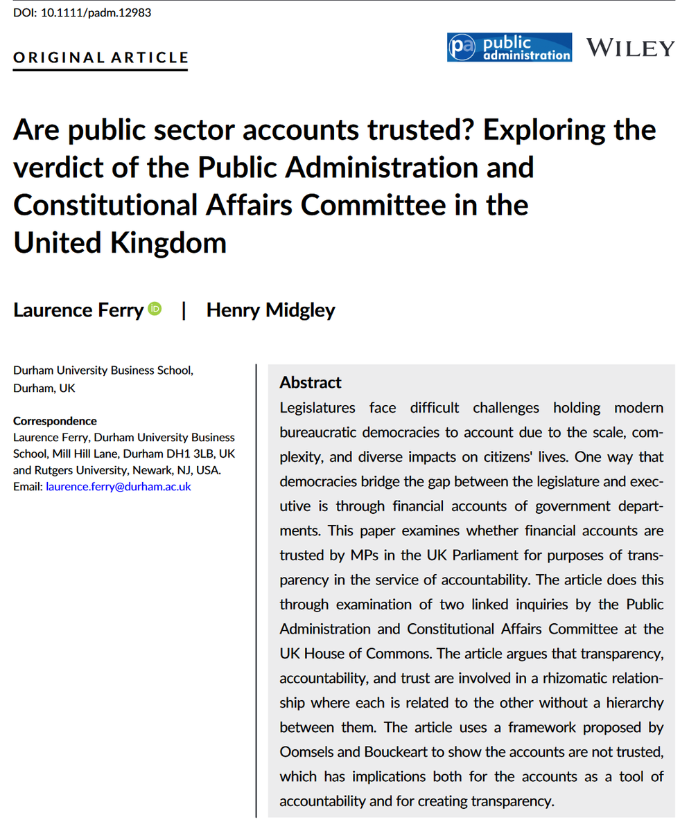 Are public sector accounts trusted? Exploring verdict of UK’s Public Administration and Constitutional Affairs Committee by Laurence Ferry & @H80Midgley, who argue major reform is required to government accounts to enhance democratic scrutiny. @DUBusSchool doi.org/10.1111/padm.1…
