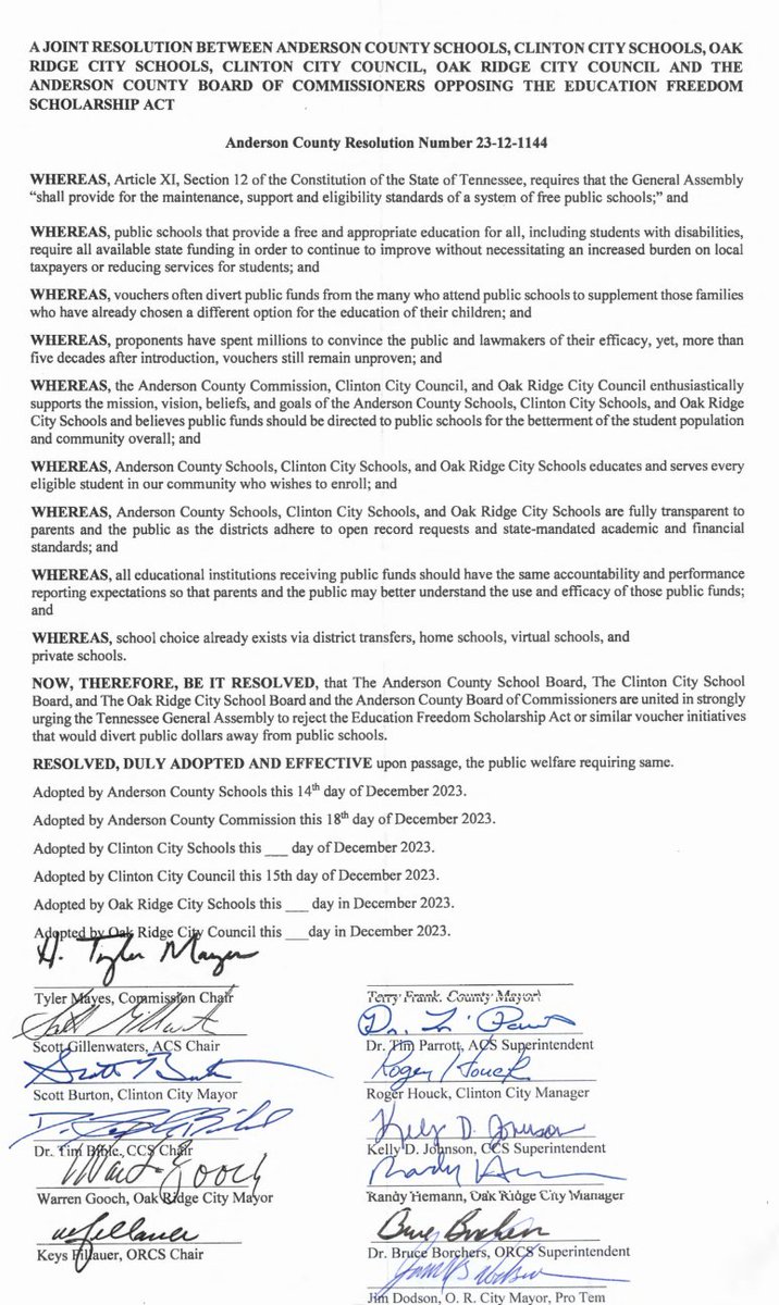 JohnsonKellyd's tweet photo. Anderson County Schools, Anderson County Commission, Clinton City Schools, Clinton City Council, Oak Ridge City Schools, and Oak Ridge City Council collectively adopt and sign an anti-voucher resolution. https://t.co/kFKtAuzfqN