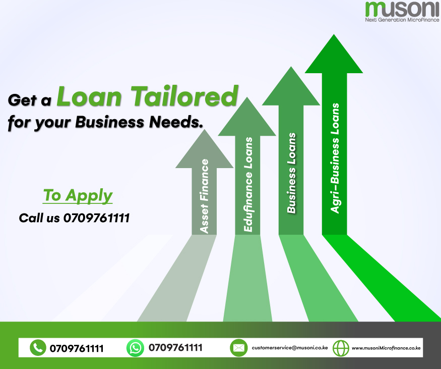 Experience the impactful financial support your business deserves with a loan tailored to address the unique requirements of your business.

Visit any of our branches to apply or reach us on 0709761111 to apply today!

#ElevateyourbusinesswithMusoni #businessloans #agribusiness