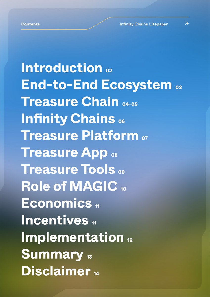 𝗧𝗿𝗲𝗮𝘀𝘂𝗿𝗲: 𝗜𝗻𝗳𝗶𝗻𝗶𝘁𝘆 𝗖𝗵𝗮𝗶𝗻𝘀
Treasure is evolving into an end-to-end gaming ecosystem complete with its own chain (via @Arbitrum Orbit), a network of Infinity Chains, a feature-rich publishing stack and new web3 gaming-focused innovations.

How? Let's dig in 👇