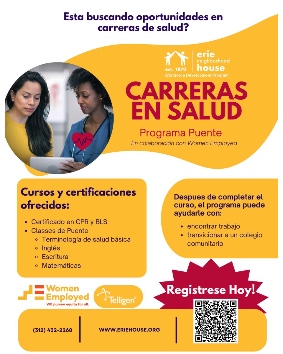 eriehouse's tweet image. ¡Falta 1 semana para nuestra programa de Carreras en Salud! Únase a nosotros para desarrollar habilidades y certificaciones. Asegura tu lugar ahora: bit.ly/49d0eeb

#ErieHouse #WorkforceDevelopment #WorkTraining