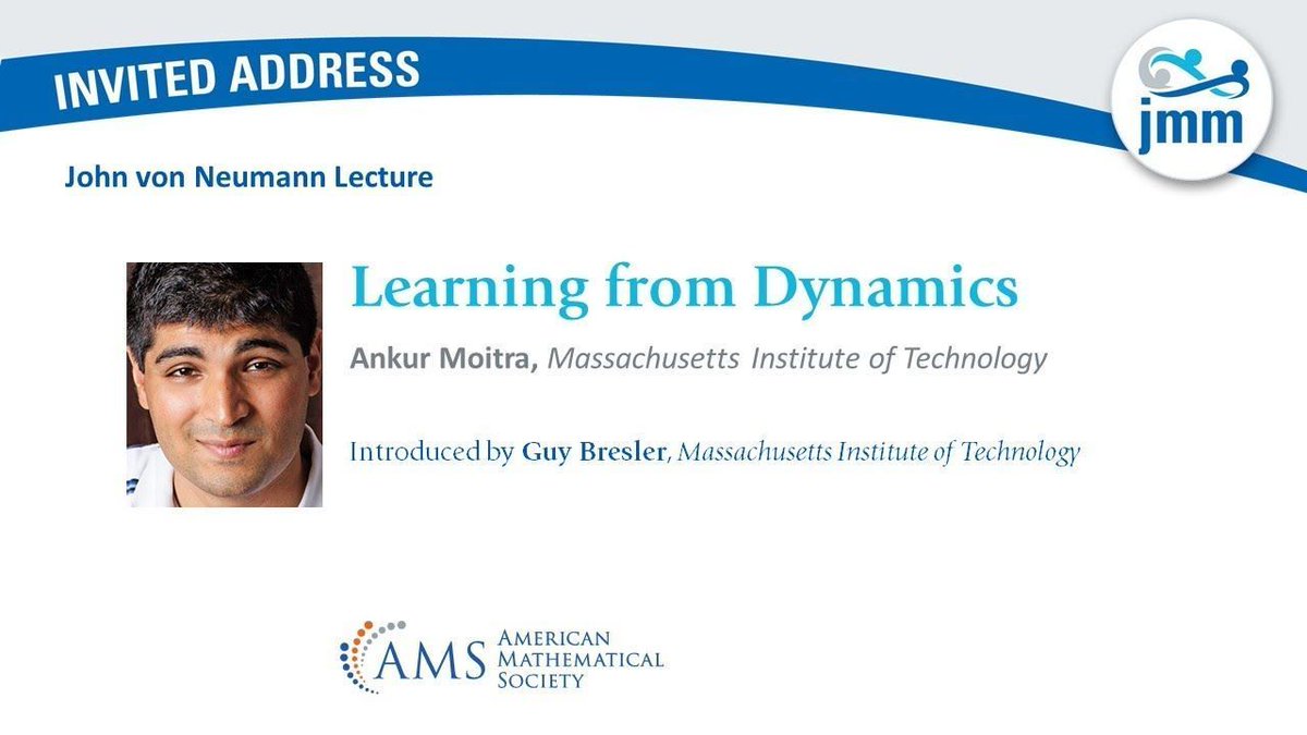 The #JMM2024 Invited Address videos are going up on YouTube. Today see the @amermathsoc von Neumann Lecture by Ankur Moitra, @MIT, on “Learning from Dynamics.” buff.ly/483cZqS
