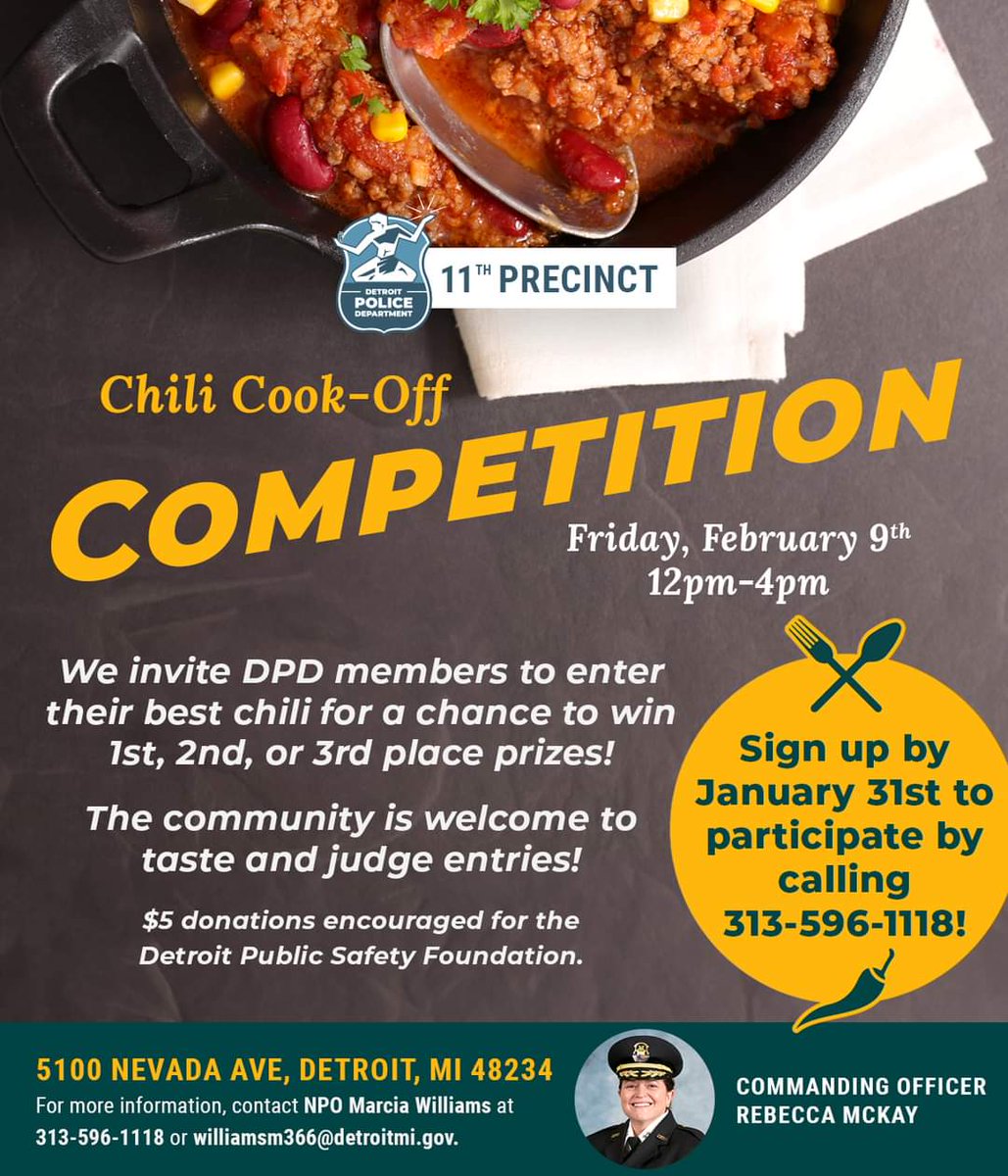 🌶️ Chili Cook-Off 🌶️ Get ready for a sizzling showdown! 🍲🔥 The DPD 11th Precinct invites all Detroit Police Department members to join our Chili Cook-Off on Feb 9, 2024, from 12 PM - 4 PM. Bring your A-game and spice it up for a chance to win fantastic prizes #OneDetroit