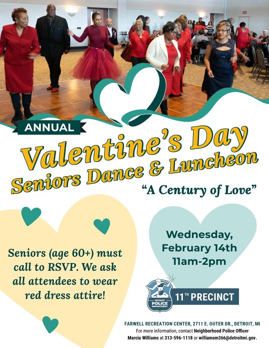 🌹 Join us for our Annual Senior Valentine's Day Dance and Luncheon! 🎉 This year's theme is 'A Century of Love.' ❤️ Please wear red and be ready to have fun celebrating someone special. To register, call 313-596-1118. Don't miss this unforgettable event! #OneDetroit
