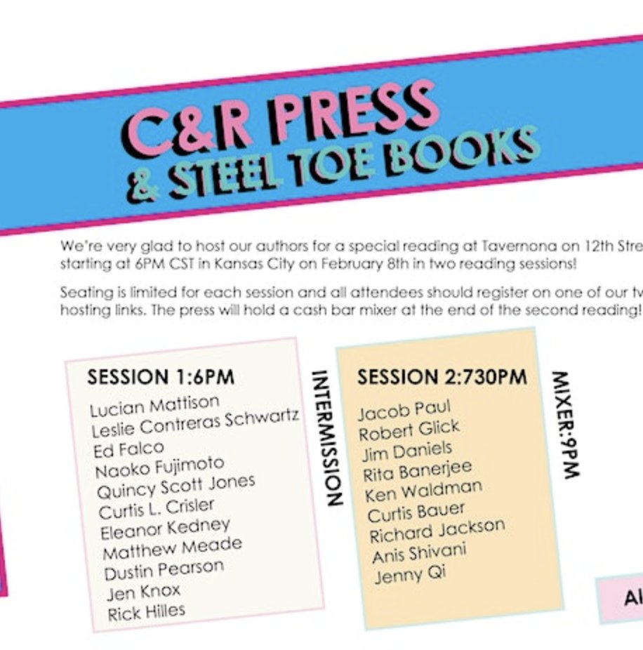 I'll join a bunch of C&amp;R Press and Steel Toe Books authors for a reading at the Tavernonna Italian Kitchen on 106 W 12th Street in Kansas City on Thursday. I'll be reading five minutes worth of my 2022 novel from C&amp;R, Transcendent Gardening.  Should be fun. Stop by and say hello.