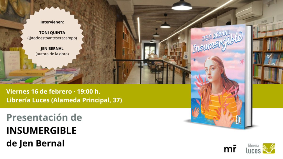 El viernes 16 de febrero a las 19:00 horas tendremos la presentación en Luces de INSUMERGIBLE, novela de Jen Bernal (<a href="/devoralibrosyt/">Jennifer Bernal | Devora Libros</a>). Publica <a href="/MREdiciones/">MR Ediciones</a>.

Un acto que también podrá seguirse en directo a través de YouTube 👉 youtube.com/live/607t41pr-…

Planetadelibros.com