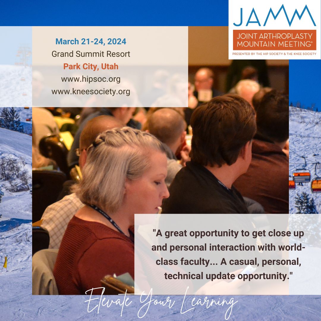 HipSocKneeSoc's tweet photo. Since 2018, JAMM has been enjoying the reputation of the best #arthroplasty #roundtable format for robust faculty-attendee #interaction. If #casebased learning is your preferred way to earn your #CME, REGISTER for #JAMM2024 and join us in #ParkCity: https://t.co/aMQwFPAcAV https://t.co/kZAoCEbxod