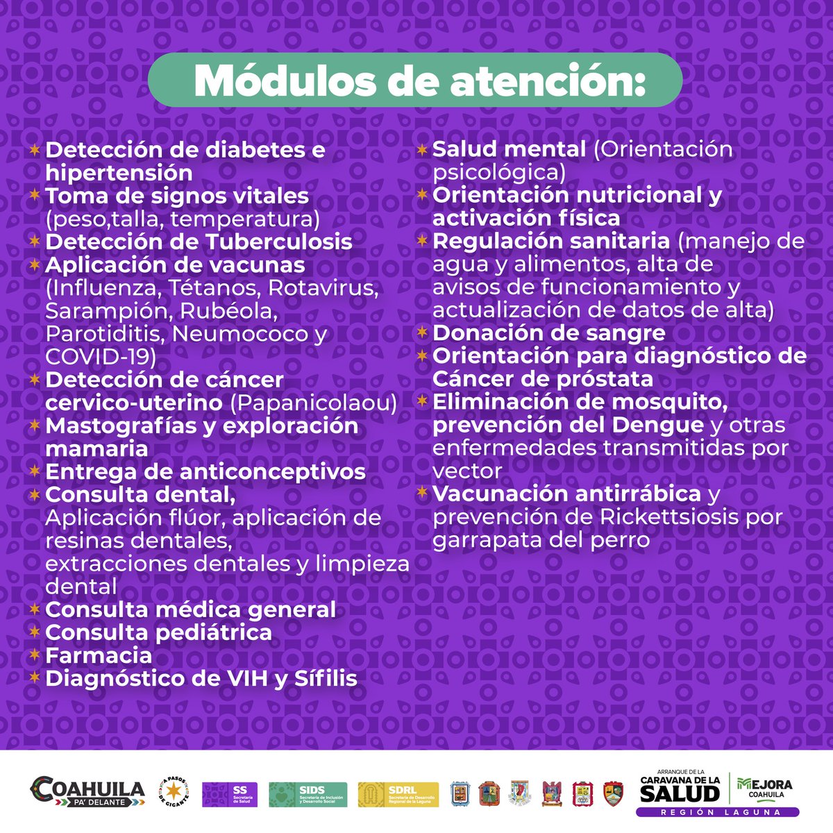 En #Coahuila la salud de nuestra gente es una prioridad, por ello vamos a recorrer todas las regiones con la Caravana de la Salud. Mañana martes estaremos en la Col. Nueva Aurora en #Torreón de 9:00 am a 2:00 pm con diferentes servicios gratuitos. (1/2)