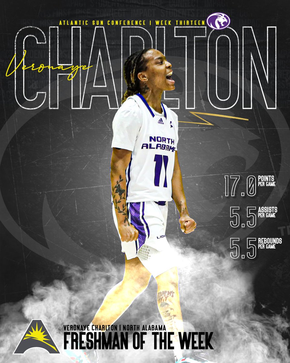 🔙 𝙩𝙤 🔙 #𝘼𝙎𝙐𝙉𝙒𝘽𝘽 𝙁𝙧𝙚𝙨𝙝𝙢𝙖𝙣 𝙤𝙛 𝙩𝙝𝙚 𝙒𝙚𝙚𝙠! 🏀 Congratulations to @UNAHOOPS' Veronaye Charlton on earning her second straight and 3️⃣rd career Freshman of the Week honor! 👏💯 📰 | asunsports.org/news/2024/2/5/… #ASUNBuilt | #RoarLions 🦁