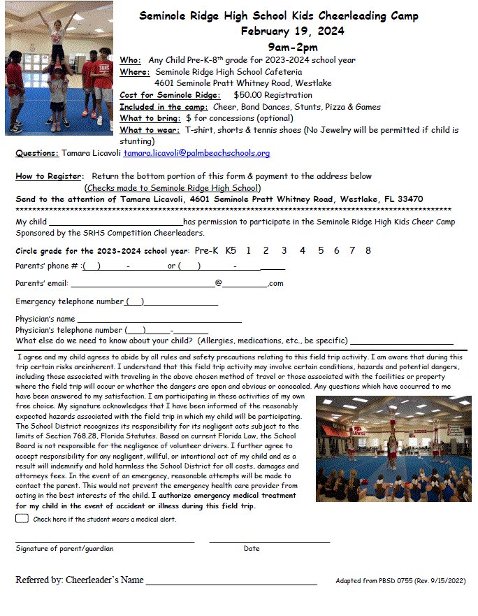 February 19 is a Teacher Work Day and students have off of school. Our Competition Cheerleaders are hosting a kids camp for all K5-8th graders from 9am-2pm for those parents that can't take their children to work.
Complete the attached form and send it in to Coach L