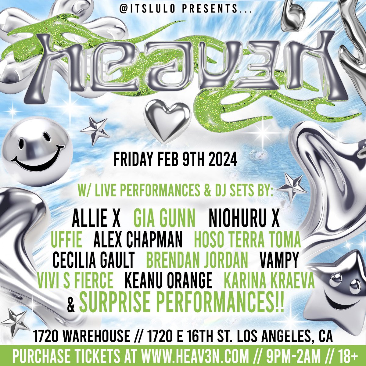 heav3nparty's tweet photo. ☁️🩵 HEAV3N IS THIS FRIDAY!! 🩵☁️ Join us this Friday Feb 9TH at @1720warehouse for our very first party in 2024!!! W/ Allie X, Gia Gunn, Niohuru X + more!! ☁️ see u soon!! 😇 18+ // LA https://t.co/y1wXG3bmtK