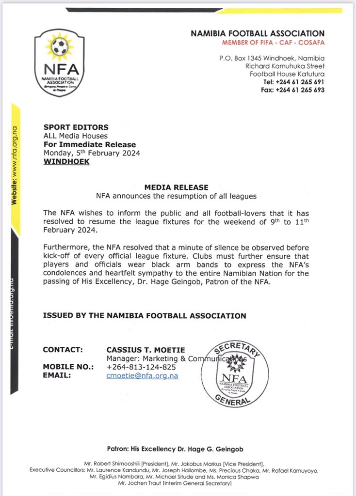 FootyNamibia's tweet photo. 🇳🇦𝗣𝗥𝗘𝗠𝗜𝗘𝗥 𝗟𝗘𝗔𝗚𝗨𝗘 𝗥𝗘𝗦𝗨𝗠𝗘𝗦 𝗢𝗡 𝟵𝗧𝗛

The Debmarine Namibia Premier League will resume on the 9th February 2024.

Moment of silence will be observed before kickoff of every league game. https://t.co/xeCs0IhQm2