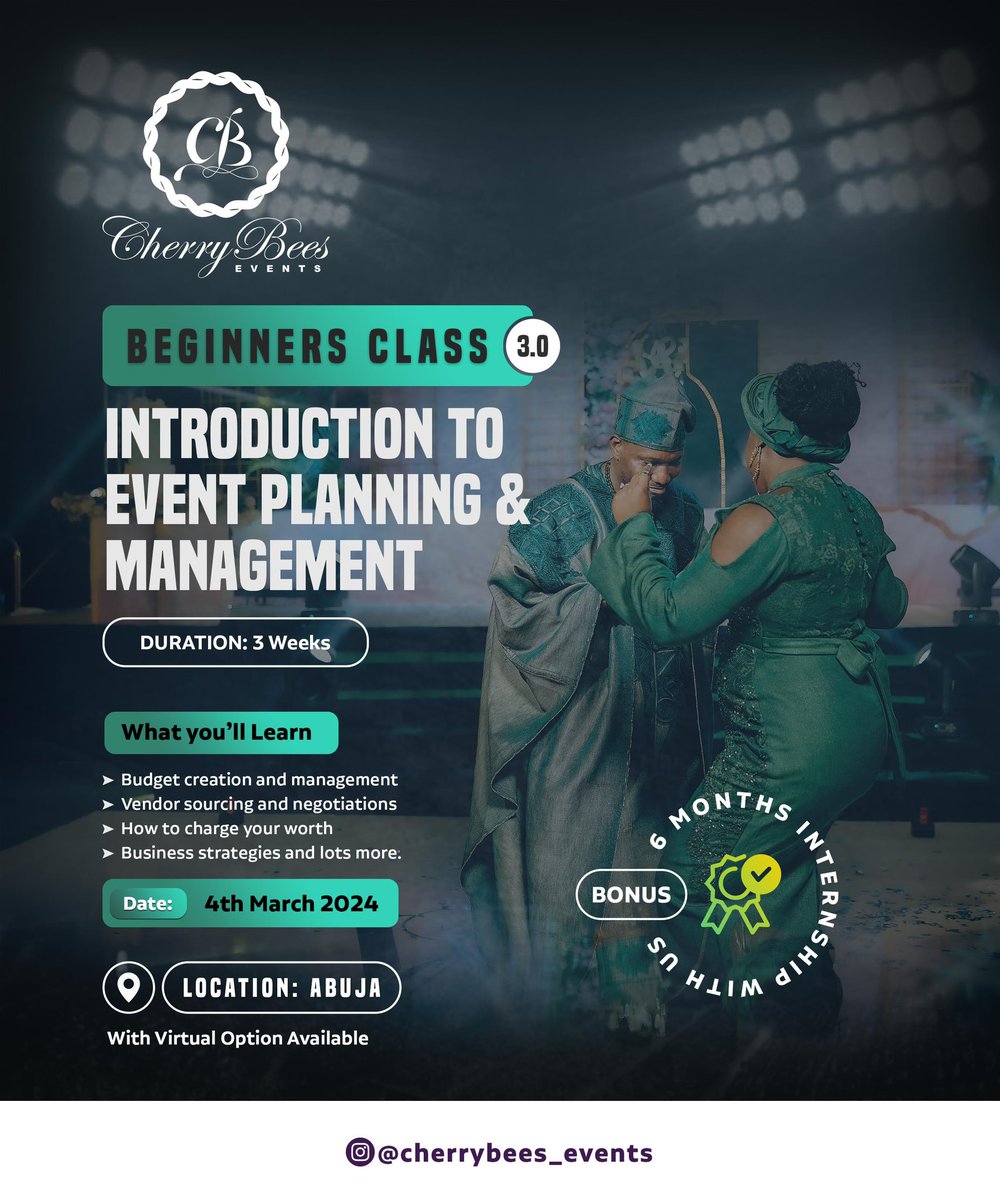 Cherryb_events's tweet photo. Our classes are finally back 💃🏼💃🏼
This is going to be the best one yet because our curriculum has changed and the best part is that you get a free 6 months internship where you see all you’ve been taught being implemented on events https://t.co/2r1FaggauS