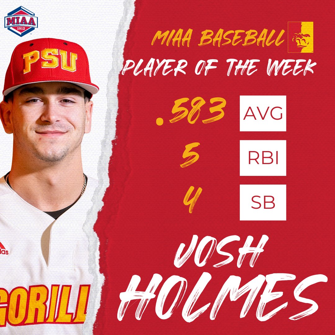 Pitt State Athletics 🦍 (@pittstgorillas) on Twitter photo 🚨PLAYER OF THE WEEK🚨
Josh Holmes is the MIAA baseball Player of the Week, after helping the Gorillas go 3-1 in Edmond to open the season 🦍⚾️
<a href="/GorillasBSB/">Pitt State Baseball ⚾️</a>|<a href="/pittstate/">Pittsburg State</a>|<a href="/joshho1mes/">Josh Holmes</a> 🚨PLAYER OF THE WEEK🚨
Josh Holmes is the MIAA baseball Player of the Week, after helping the Gorillas go 3-1 in Edmond to open the season 🦍⚾️
<a href="/GorillasBSB/">Pitt State Baseball ⚾️</a>|<a href="/pittstate/">Pittsburg State</a>|<a href="/joshho1mes/">Josh Holmes</a>