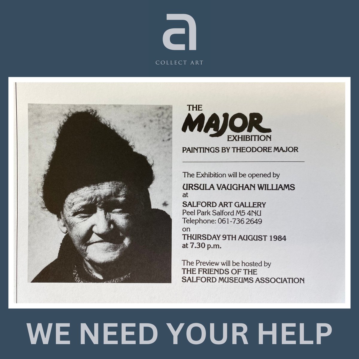 We are appealing to anyone who may have photographs or even possibly video footage of an exhibition by #TheodoreMajor at Salford Art Gallery in 1984.

Read our latest blog for more information...
collectart.co.uk/post/help-want…
#SalfordArtGallery