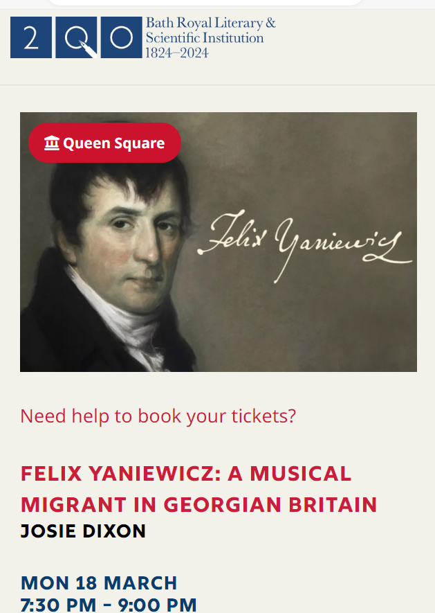yaniewicz's tweet photo. OTD in 1794, Felix #Yaniewicz played a concert in Bath's New Assembly Rooms, and stayed at Queen Square. Come and hear the story of his musical adventures in Bath @BRLSI on 18th March.
Tickets: https://t.co/PiiAxtlCpD
@InBath @bathphil @BathEnts https://t.co/9gYmlpX7WG