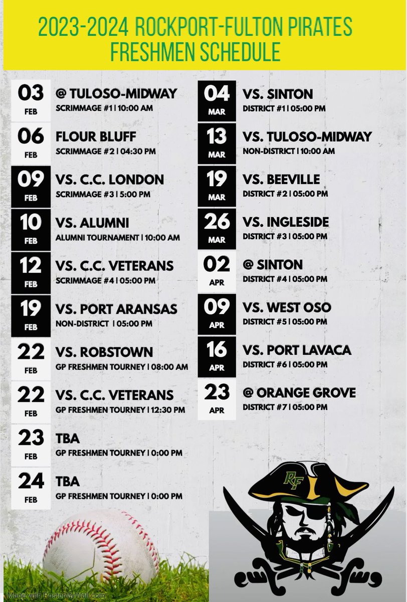 💯👇🏼🏴‍☠️UPDATED @RfPirate Baseball Schedules (Scrimmage vs. Flour Bluff is at home tomorrow) and Parent’s Night is now Tuesday April 9th (Varsity).🏴‍☠️👇🏼💯