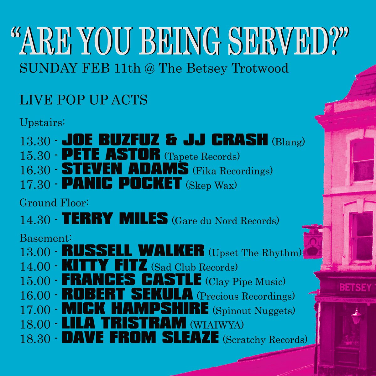 Here’s the schedule of pop-up live acts and times for Sunday - Are You Being Served? at @the_betsey. (20 min sets. Short and sharp. No stage clashes. Wear good stair-climbing shoes)