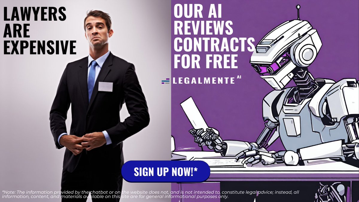 LegalMenteAI's tweet photo. Lawyers are expensive. Our AI reviews legal contracts for FREE. Trained on expert legal minds.

Free BAA Review.
Free NDA Review.
Free AI Chatbot to ask questions about your legal doc.

Sign up now. Start cutting legal costs:  https://t.co/AotrI1ni5F

Note: Info not legal advice https://t.co/afSMTIiSEX