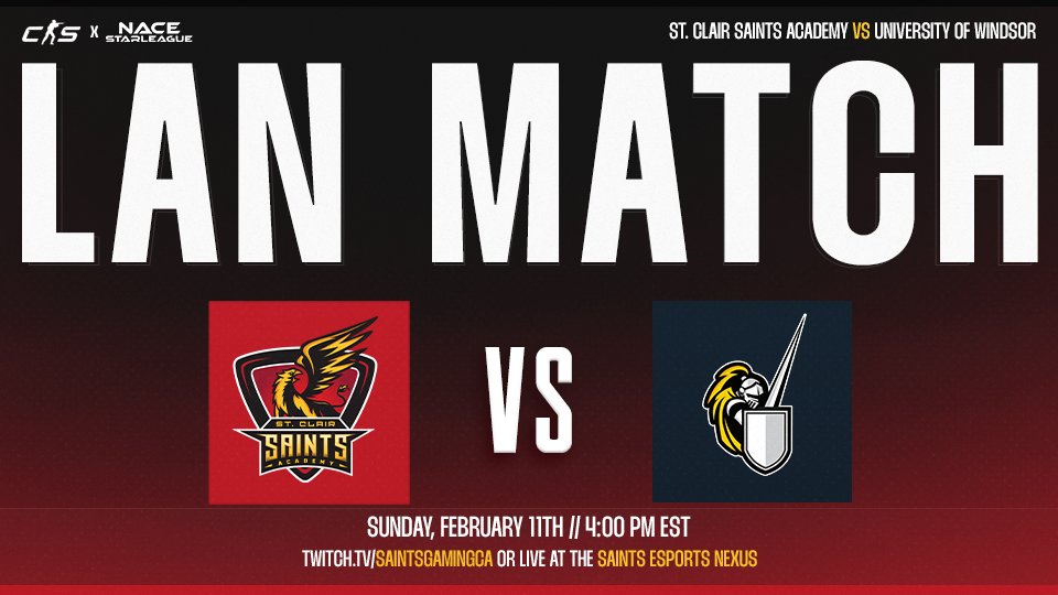St. Clair Saints (@saintsgamingca) on Twitter photo 🚨 First LAN match of the year!
Join us at the Esports Nexus this Sunday for the Battle of Windsor!
#SaintsCS 🆚 <a href="/UWinEsports/">UWindsor Esports Club</a>
📅February 11th, 4PM EST
📍Saints Esports Nexus
📺twitch.tv/saintsgaminca 🚨 First LAN match of the year!
Join us at the Esports Nexus this Sunday for the Battle of Windsor!
#SaintsCS 🆚 <a href="/UWinEsports/">UWindsor Esports Club</a>
📅February 11th, 4PM EST
📍Saints Esports Nexus
📺twitch.tv/saintsgaminca