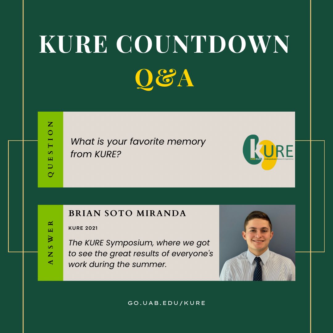 Here’s to Week 10 of the #KURECountdown! 🎉🥳
We want to thank KURE Scholar Brian Soto Miranda for sharing his most memorable experience from the KURE program with us.
•
•
#KUHmmunity #kuhprime #kuhresearch #summerresearchprogram #summerresearch #uabkure #biomedicalresearch