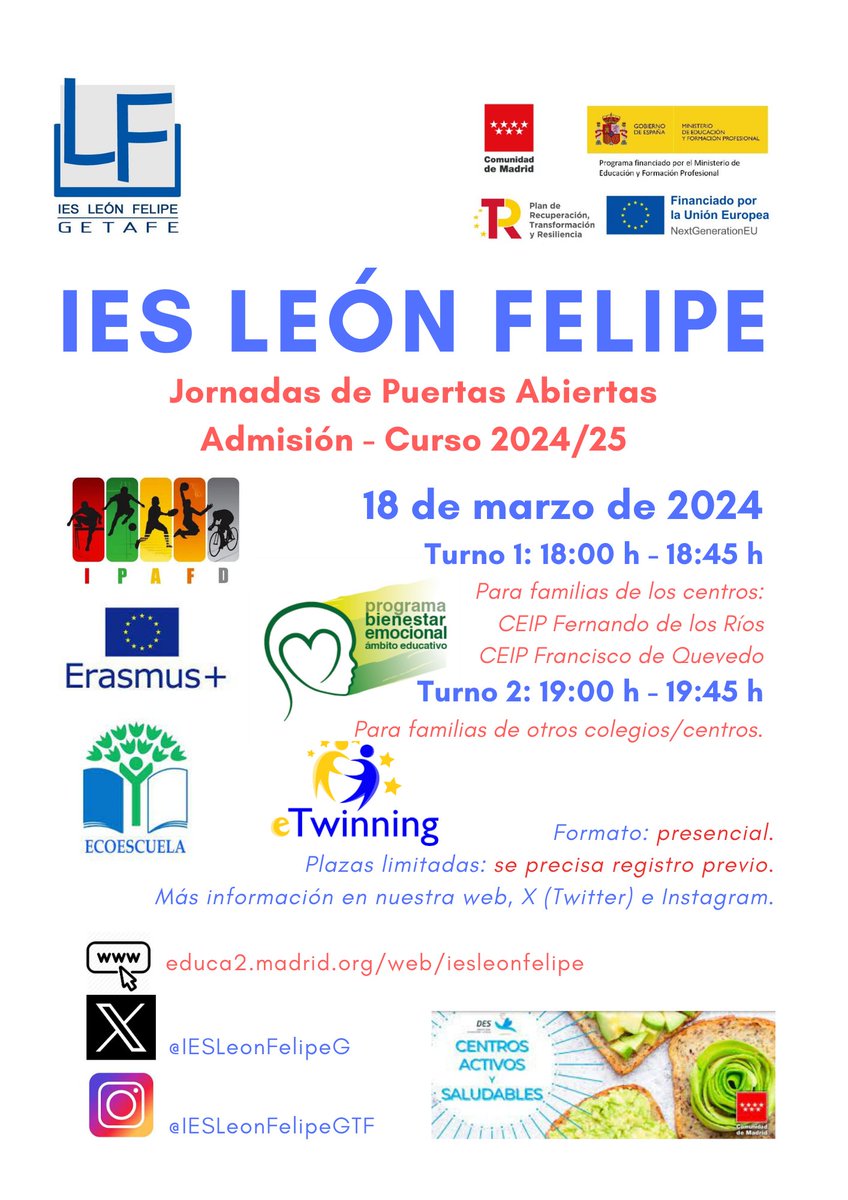 El lunes, 18 de marzo de 2024 celebraremos nuestras Jornadas de Puertas Abiertas.

Toda la información para participar en estas Jornadas se encuentra en la web del centro: educa2.madrid.org/web/iesleonfel… 

¡Les esperamos!