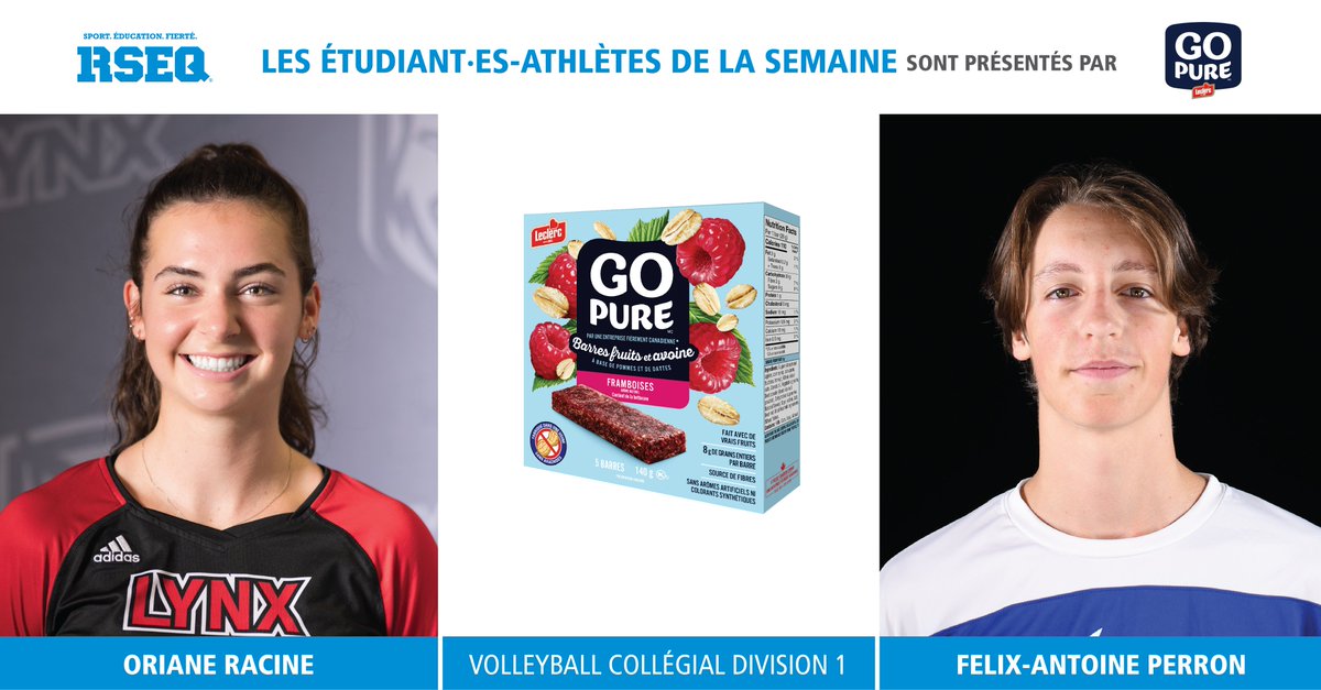 [VOLLEYBALL COLLÉGIAL] Voici les étudiant·es-athlètes de la semaine pour le volleyball collégial D1, présentés par Go Pure, la barre officielle du RSEQ : ⭐️ Oriane Racine du cégep Édouard-Montpetit ⭐️ Félix-Antoine Perron du Cégep de l'Outaouais Bravo ! #RSEQ #fierté #GOPURE