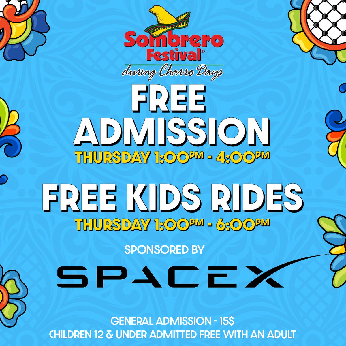 FREE admission first 3 hours of each day! Kids 12 and under are admitted for free with an adult.

FREE KIDS RIDES on Thursday until 6 PM sponsored by <a href="/SpaceX/">SpaceX</a> 🚀

Full music lineup at SombreroFestival.com

#SombreroFestival #SF24 #BrownsvilleTexas #SPACEX #CharroDays
