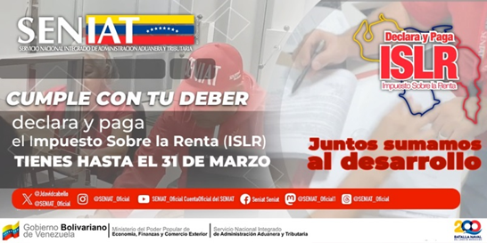 Amigo contribuyente, para declarar y pagar el #ISLR debes apoyarte en algunos documentos como el comprobante #ARC, el #RIF, tus recibos de pago y contar con tu usuario y clave para ingresar al portal fiscal de
<a href="/SENIAT_Oficial/">SENIAT</a>
. #JuntosSumamosAlDesarrollo