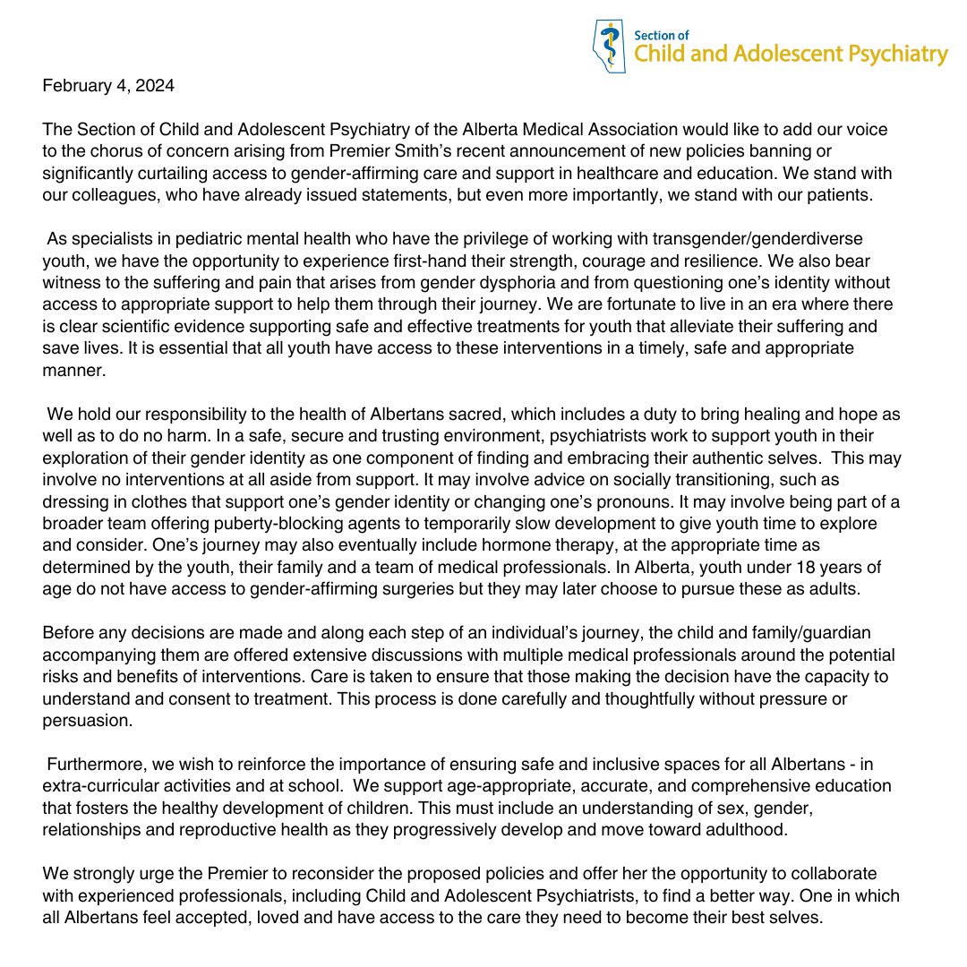 Statement from AMA Section of Child and Adolescent Psychiatry regarding gender-affirming care in youth