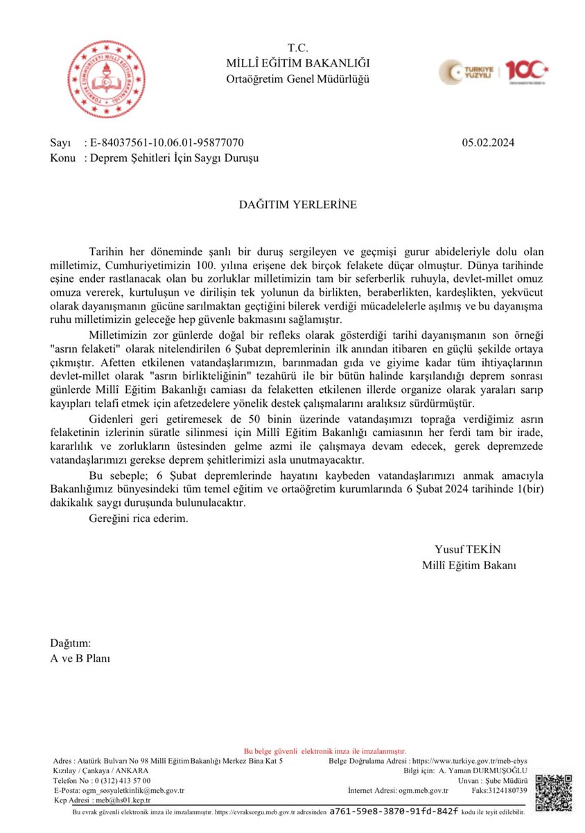 'Asrın Felaketi 6 Şubat Depremi'nin birinci yılında kaybettiğimiz tüm canlarımız için okullarımızda 1 dakikalık saygı duruşunda bulunuyoruz. #AsrınBirlikteliği @Yasarturk6155 @kocakysr @MemAnkara @tcmeb