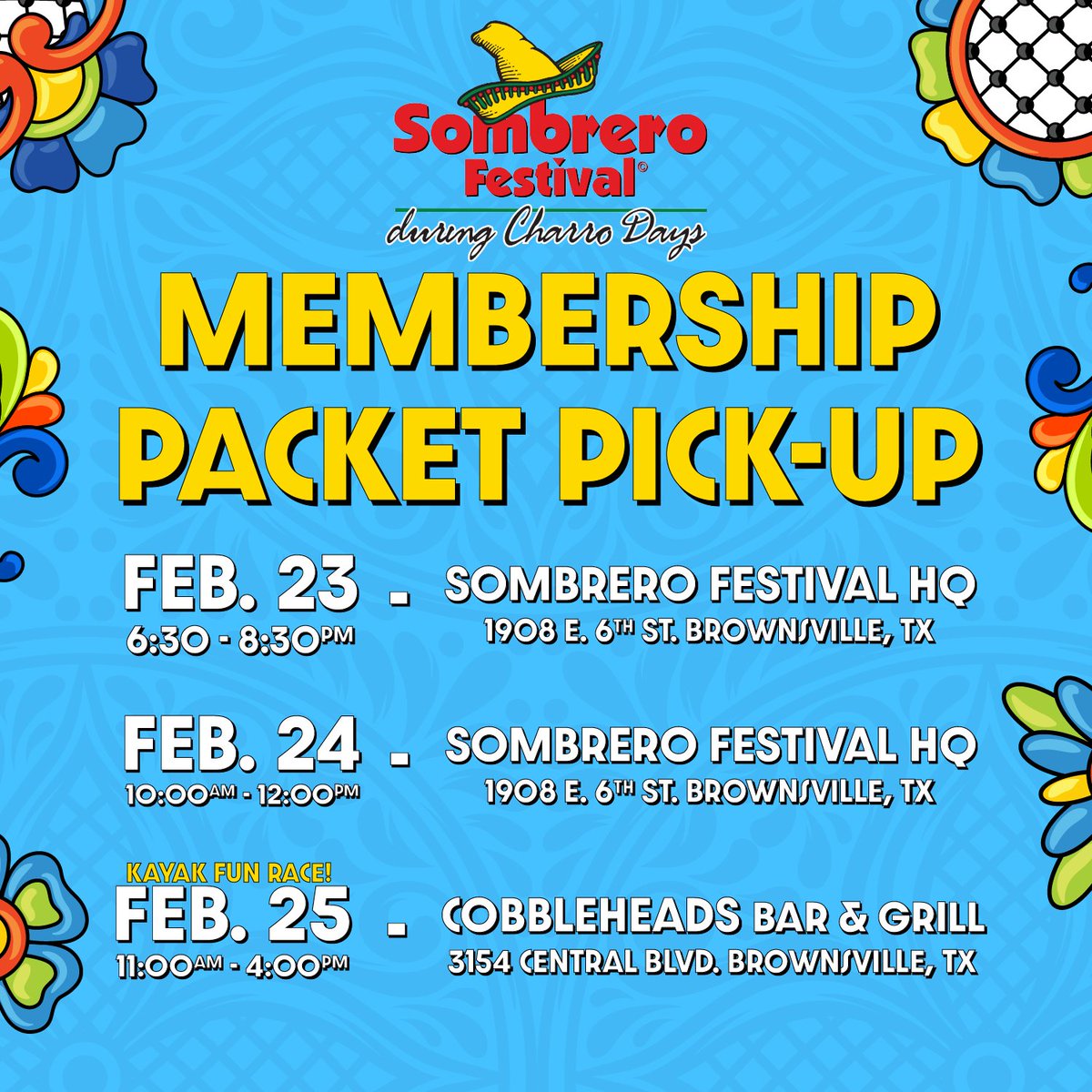 Sombrero Festival 2024 Members 🤠
Packet Pick Up Dates:
📍Feb. 23 - SF HQ
📍Feb. 24 - SF HQ
📍Feb. 25 - Kayak Fun Race at Cobbleheads 
#SombreroFestival #SF24 #BrownsvilleTexas