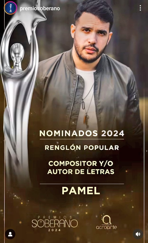 Nominado en el renglón Compositor y/o autor de letras.
El mejor baladista y compositor de la nueva generación de la República Dominicana, <a href="/SoyPamel/">Pamel</a> 
¡Enhorabuena!