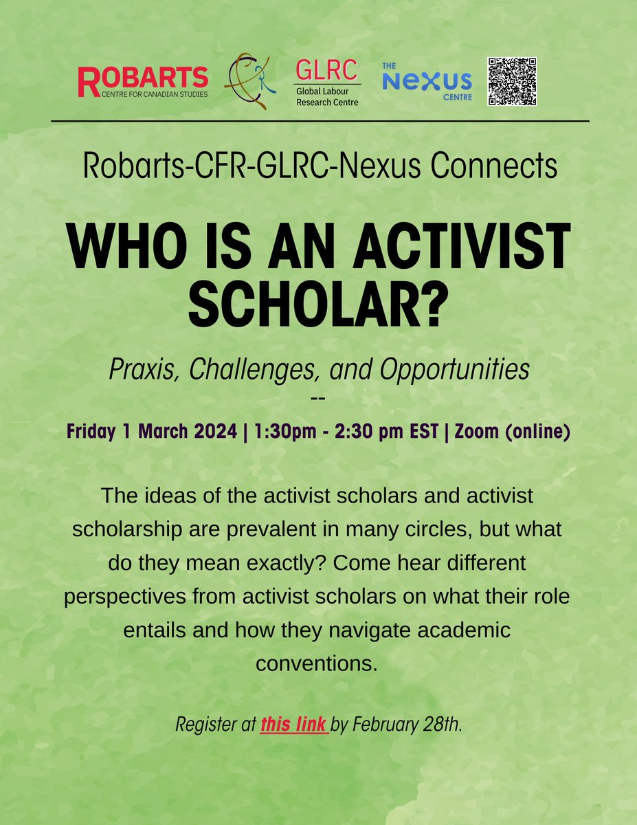 SAVE THE DATE: Our Activism and Academia Connects Event has been re-scheduled to March 1st! 📅Date: Friday March 1st 2024 ⏰Time: 1:30 - 2:30pm Toronto Time 📍Location: Online (Zoom) To register, please click on the link below before February 28th: yorku.zoom.us/meeting/regist…