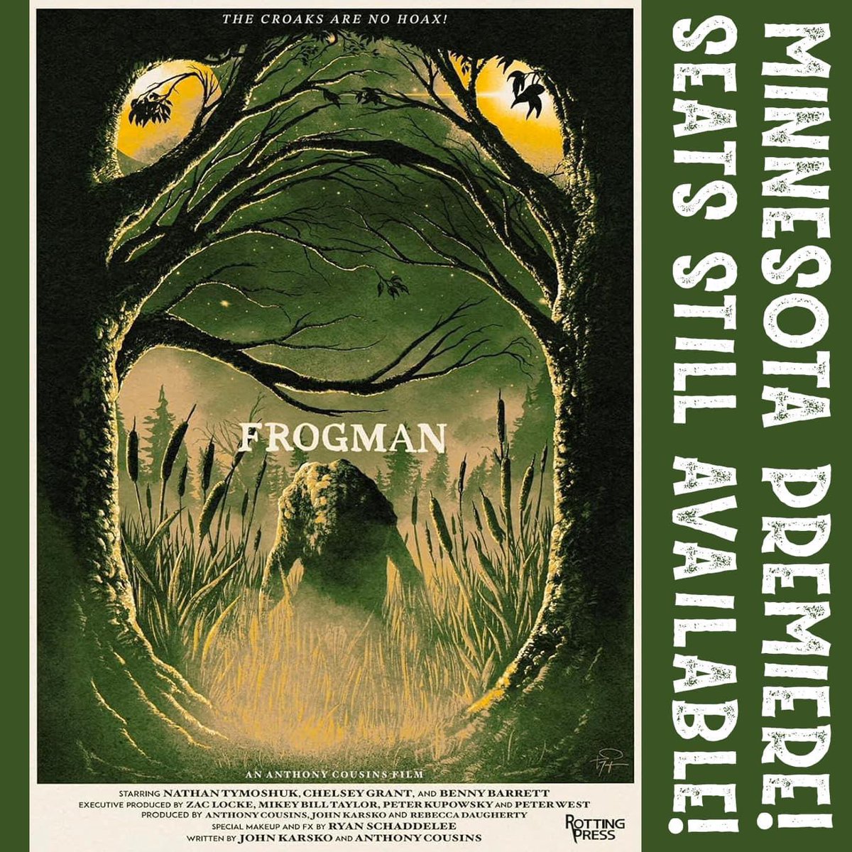 HUGE NEWS! Tickets are available for the Minnesota premier of Anthony Cousins’ horror film “Frogman” on Feb 22 at the Emagine Willow Creek theater in Plymouth, Minnesota! Seats still available for 8:30 pm, but act fast, the 7:00 show has already sold out!