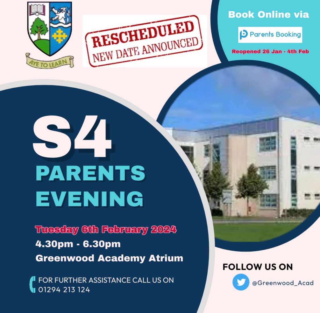 Greenwood_Acad's tweet image. A reminder that S4 Parents Evening has rescheduled to tomorrow Tuesday 6th February. Previous appointments remain in place. We look forward to meeting with you. #nextstepsinlearning