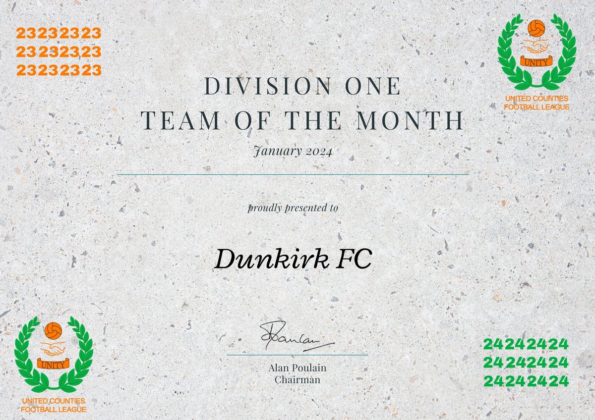 🏆 January Awards 🏆

Now for the Division One Team off the Month!

This month's award goes to <a href="/Dunkirk_FC/">Dunkirk F.C</a> 🎉🎉 winning all their matches in January with a goal difference of +8. 

Great work 👏👏

<a href="/GCEHireFleet/">GCE Hire Fleet Ltd</a>