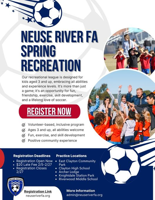 Hurry! Practices &amp; Games start soon! Secure your child’s spot today!
Neuseriverfa.org/club/recreation
