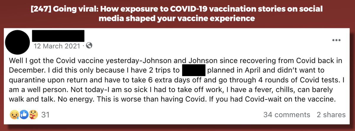 at #SPSP2024, i’ll be presenting a poster that explains how social media posts like these led people to experience more severe COVID-19 vaccine side effects. 🤒 excited to attend for the first time! <a href="/SPSPnews/">Society for Personality and Social Psychology</a> <a href="/SPSPGSC/">SPSP Student Committee</a>

🪧 Poster 247 (Poster Session B Friday 8:00AM)