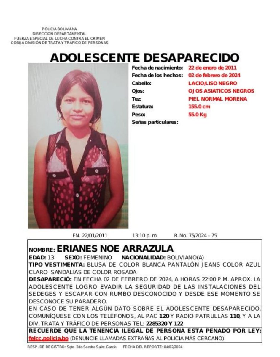 #Cobija #AlertaJuliana #MenorDesaparecida Buscamos a 𝗘𝗥𝗜𝗔𝗡𝗘𝗦 𝗡𝗢𝗘 𝗔𝗥𝗥𝗔𝗭𝗨𝗟𝗔 de 13 años, quien desapareció el 02 de febrero, hasta la fecha se desconoce su paradero. Contáctate a los teléfonos, 2285320, 110, 120 o a nuestras redes sociales.