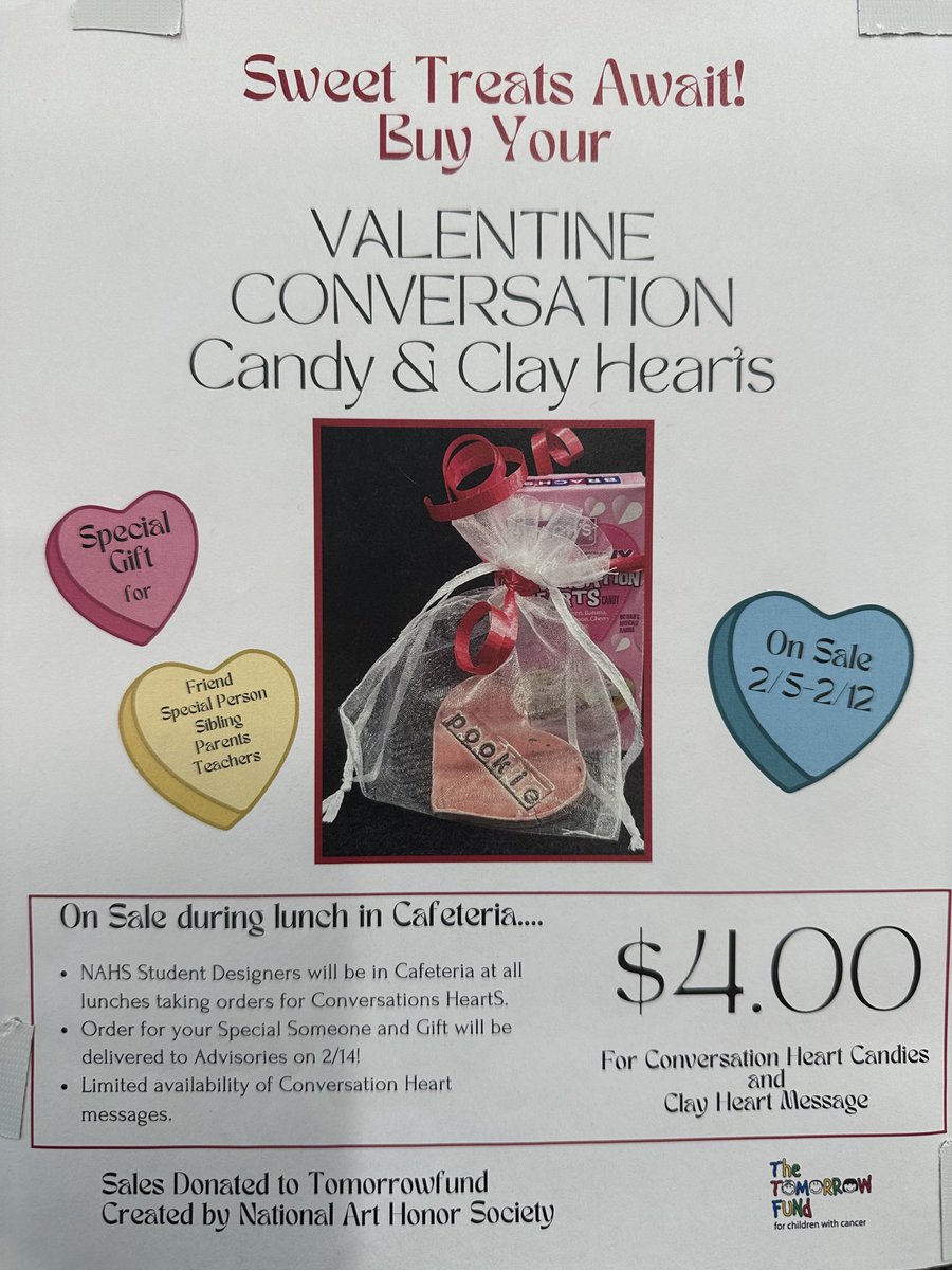 LHS Students…be sure to visit the National Art Honor Society students/table during lunches to buy a Valentine Clay Heart and Candy to be delivered during Advisory on Valentine’s Day!