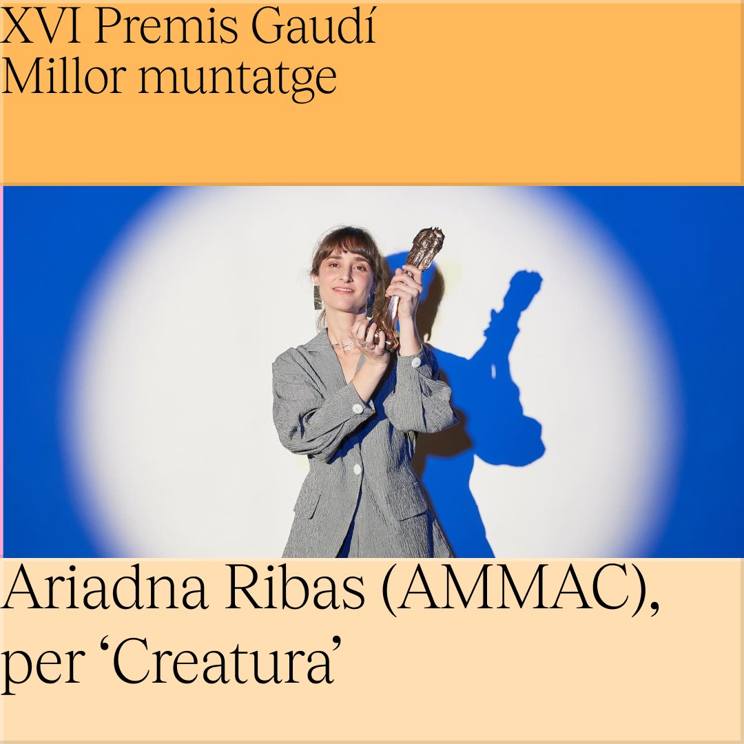 L’enhorabona, Ariadna! 🎞🏆 Ahir, la sòcia Ariadna Ribas va recollir el premi a millor muntatge als #XVIPremisGaudí de @academiacinecat. Des de l’AMMAC volem també felicitar a les altres sòcies els projectes de les quals van ser guardonats durant la gala: 🧵