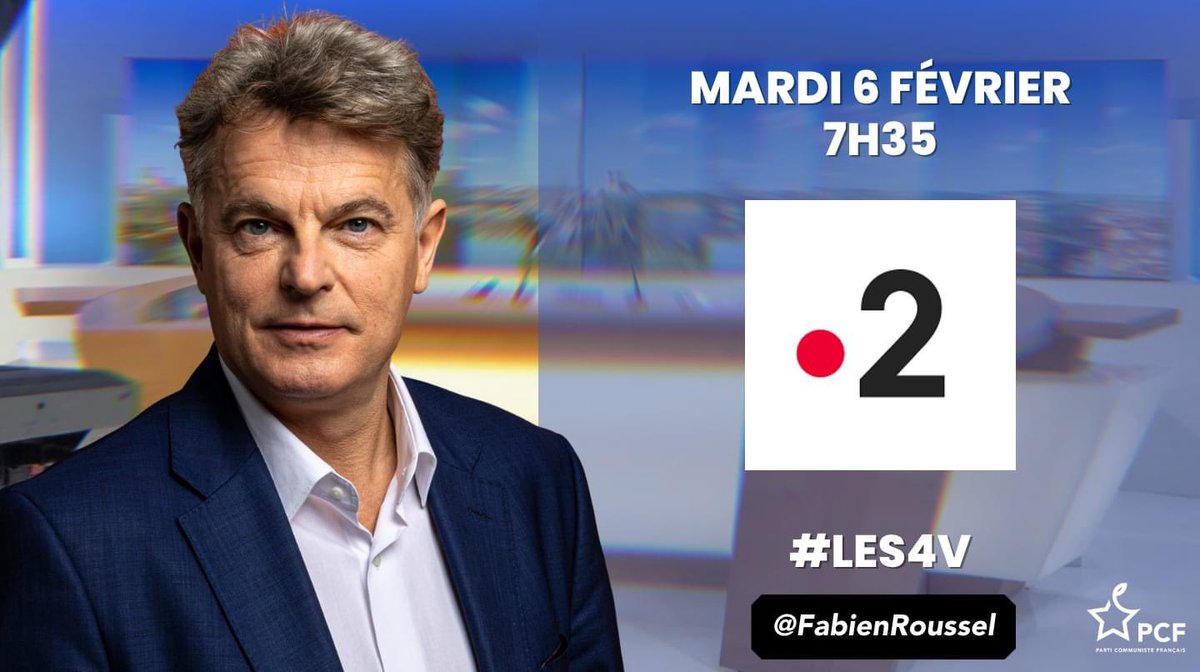 ⚡️Mardi 6 février à 7h35, @Fabien_Roussel sera l'invité sur @telematin pour @Les4verites sur @France2.
#PCF #FabienRoussel #Les4V